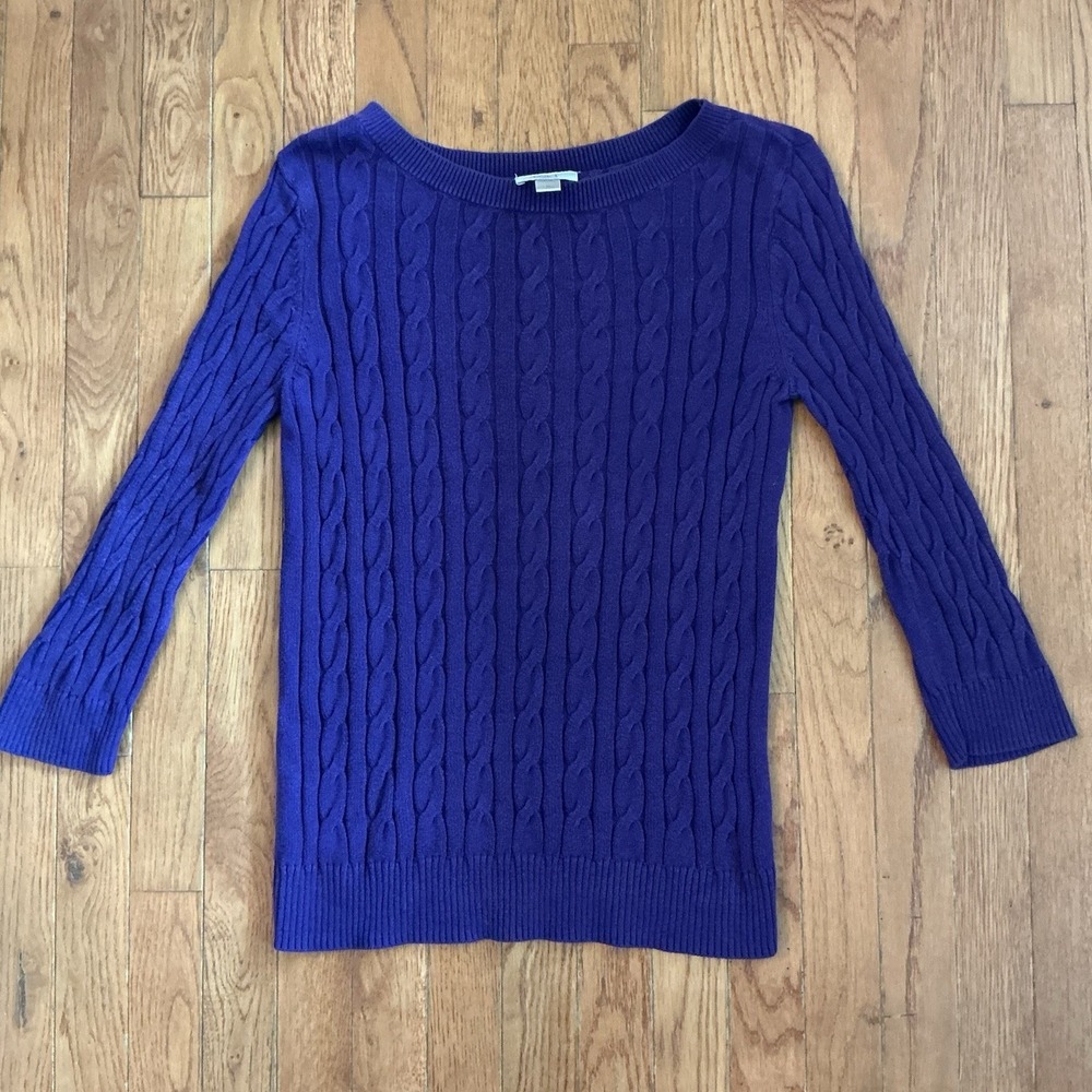 LOFT Purple Cable Knit Sweater 3/4 Length Sleeves Boat Neck Size M